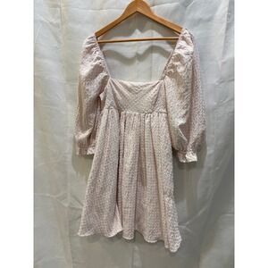 STORIA Baby Doll Dress Square Neck Puff Sleeve Textured Pink White Size S